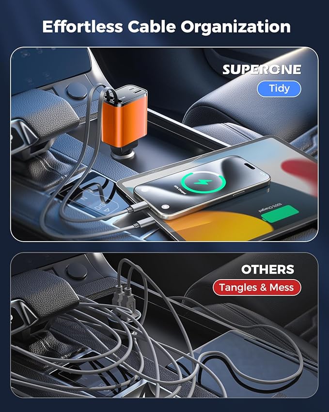 [2024 Upgraded] 4 in 1 Retractable Car Charger, SUPERONE Smaller Fast Car Phone Charger 69W with Cord, USB C and iPhone Car Charger Adapter, Compatible iPhone 17/17 Pro Max/16/15/14/13/12/11, Sumsung