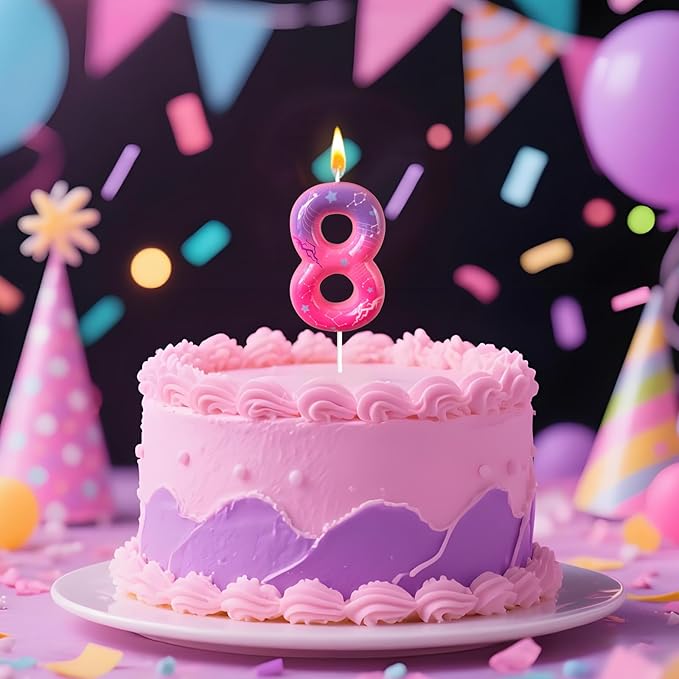 Lurevian K-pop Pink Purple Number Birthday Candle – Trendy Cake Decoration for Themed Parties, Sparkly Gradient Cake Topper for Girls Birthday Party Decoration for Teens（Number 8）