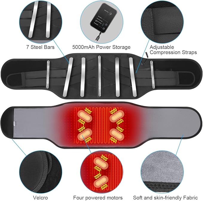 Cordless Heating Pad Back Massager Brace, Rechargeable Heated Back Brace and Massage Belt for Lower Back Pain Relief(M)