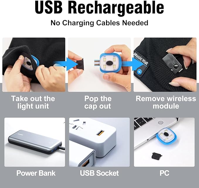 Bluetooth Beanie with Light, Rechargeable Unisex Wireless LED Music Cap, Gifts for Men Women
