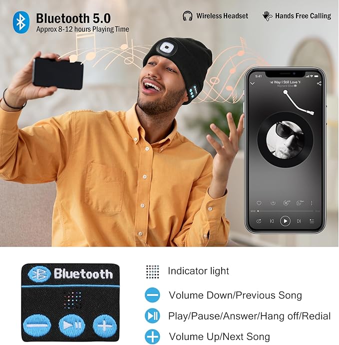 CENSGO Bluetooth Beanie with The Light, Unique Tech Gifts for Men Husband Him Teen, Wireless Headphones for Fishing Jogging Working, Christmas Stocking Black