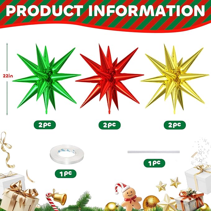 6PCS Star Balloons, 22 Inch Large Green Red Gold Star Balloon Foil Balloons Christmas Party Balloon for Birthday Christmas Graduation Wedding Anniversary Party Backdrops Decorations