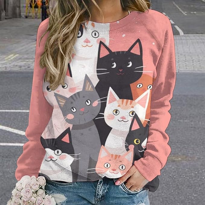 Long Sleeve Shirt Women Fall Cat Print Funny Hide Belly Vacation Plus Size Ladies Hippie Dressy Sweaters