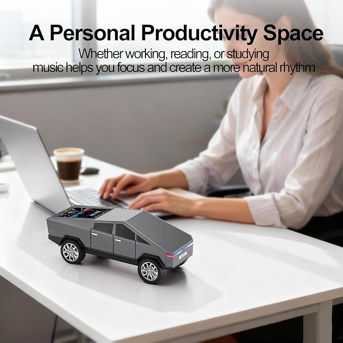 Futuristic Truck Replica Bluetooth Speaker with LED Display Screen – Practical Gift for Model Collectors, Music Listeners & Tech Fans, TWS Pairing, FM Radio, LED Headlight Detail & Mic (Gray)