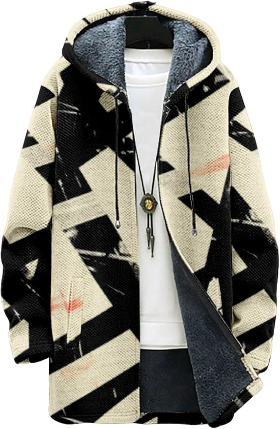 2025 Men's Ethnic Pattern Hooded Jacket Long Cardigan Hoodies Full Zip Vintage Knitted Zipper Coat with Pocket