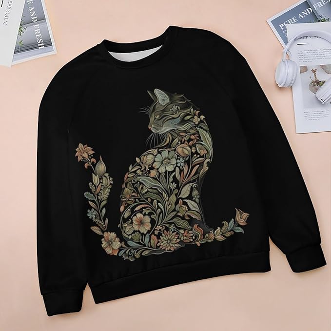 Sweatshirt for Women Cat Print Fashion Funny Plus Size Ladies Dressy Crewneck Casual Trendy Tee Shirts
