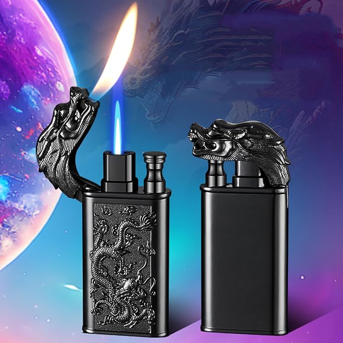 Torch Lighter, Relief Wolf Design Magic Dual Flame Lighter with Adjusting FlameTool, Cool Windproof Jet Lighters, Refillable Butane Lighters for Mens Outdoor Indoor(Without Butane)-Bronze Crocodile