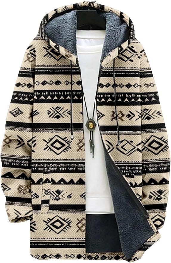 2025 Men's Ethnic Pattern Hooded Jacket Long Cardigan Hoodies Full Zip Vintage Knitted Zipper Coat with Pocket