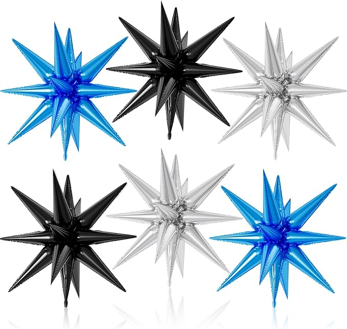 6PCS Star Balloons, 22Inch Large Black Blue Silver Star Balloon Explosion Foil Balloons Cone Spike Balloon for Birthday Graduation Wedding Anniversary Party Backdrops Decorations