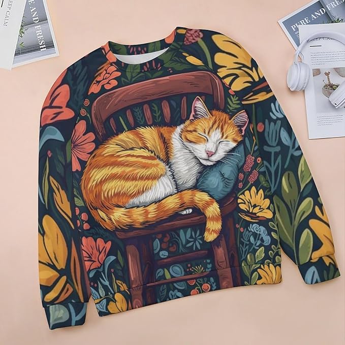 Sweatshirt for Women Cat Print Fashion Funny Plus Size Ladies Dressy Crewneck Casual Trendy Tee Shirts