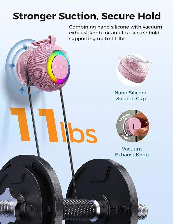 Shower Speaker Bluetooth Waterproof Portable: 360° Surround Sound, IPX7 Suction Cup Removable with Vacuum Exhaust Knob, 2 IN1, RGB Lights, BT5.4, TWS, Pool/Beach/Kayak, Gifts for Adults Teens-Pink