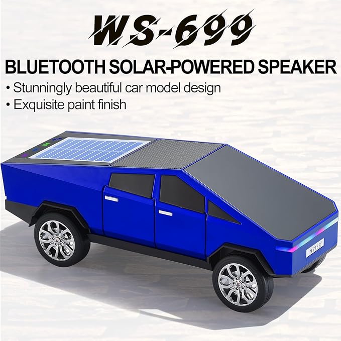 Solar-Powered car-Shaped Bluetooth Speaker, Portable Wireless Stereo, high-Definition Sound Quality, TWS Dual-Ear Pairing, Truck-Shaped Speaker, Suitable for Home, Office and Gift (Blue)