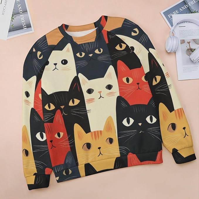 Fall Sweaters for Women 2024 Cat Print Long Sleeve Casual Crewneck Warm Fall Pullover Comfy Fashion Sweatshirts