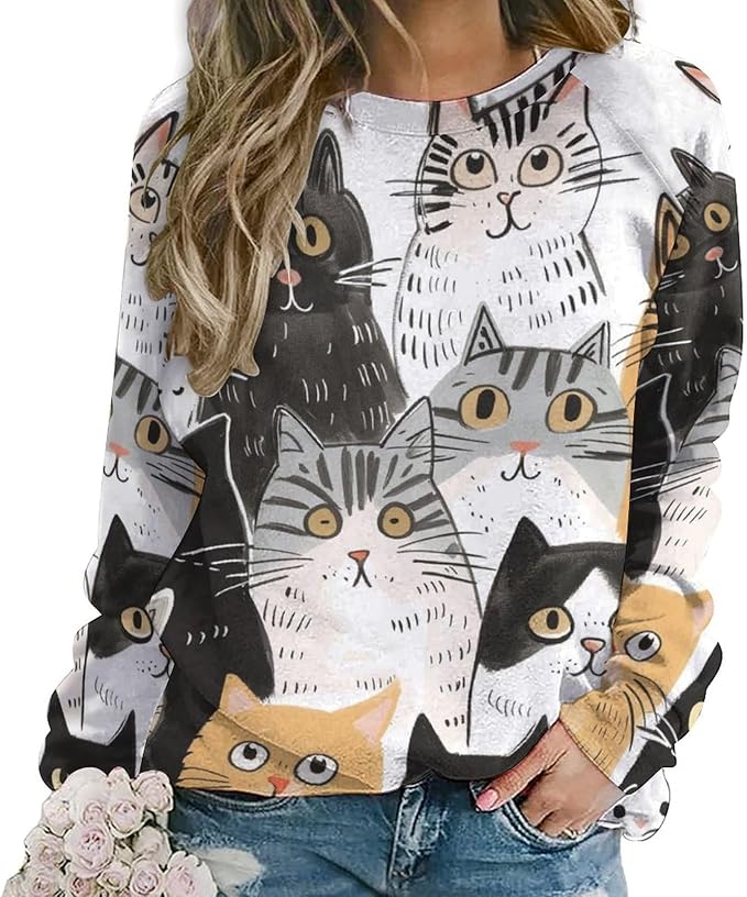 Fall Sweaters for Women 2024 Cat Print Long Sleeve Casual Crewneck Warm Fall Pullover Comfy Fashion Sweatshirts