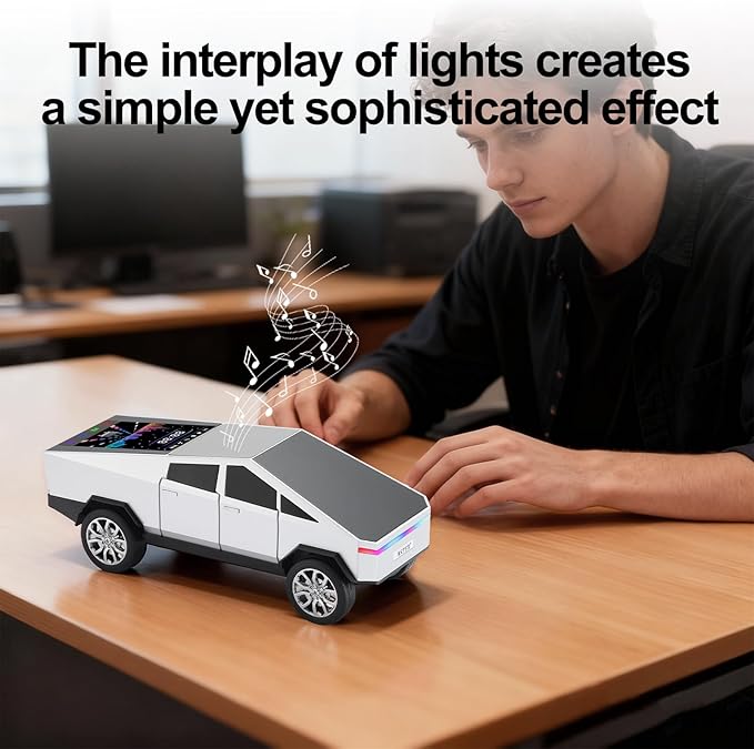 Futuristic Pickup Truck Replica Bluetooth Speaker with LED Display Screen – TWS Stereo, FM, USB/TF Playback, LED Lights, Built-in Mic, Gift for Car Lovers & Tech Fans (Silver)