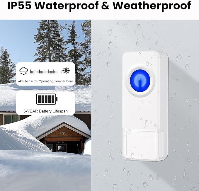 Wireless Doorbell, PHYSEN Waterproof Door bell Chime Kit Operating at 1300-ft Range 58 Adjustable Melodies 5 Volume Levels & LED Flash, Doorbell Alarm for Home/Classroom, 2 Push Buttons+4 Receivers