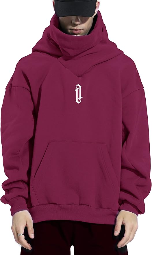 Fleece Hoodies for Men Cowl Neck Sweatshirts Hood with neck Gaiter Casual Pullover Fall Winter with Embroidery