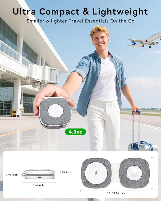 Flodable 2 in 1 Mag-Safe Wireless Charger for iPhone 16 15 14 13 12 Series,Apple Watch Series/Ultra/SE,Airpods/Pro,Portable Magsafe Charger 3 in 1 Wireless Charging Station (Grey with 20W PD Charger)