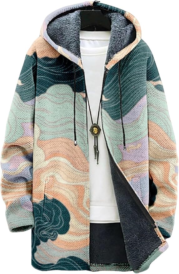 2025 Men's Ethnic Pattern Hooded Jacket Long Cardigan Hoodies Full Zip Vintage Knitted Zipper Coat with Pocket
