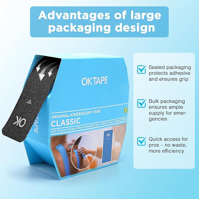 OK TAPE Kinesiology Tape Pre Cut Strips Bulk (100 PCS),Elastic Cotton Latex Free Hypoallergenic Athletic Tape Roll for Muscle Joint Knee,Waterproof k Tape 2in×10in/PCS