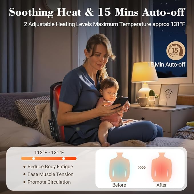 Cordless Shiatsu Back Massager - Lower Back Massager for Pain Relief Deep Tissue, Movable Massage Head, Lumbar Massager with Heat, Rechargeable Massager