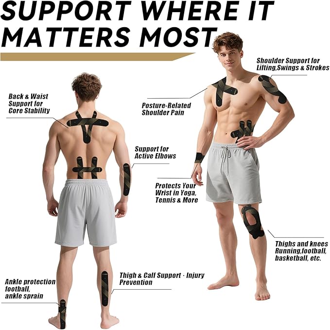 GJUMP Kinesiology Tape, Precut Athletic Sports Tape 40 Strips (2 Rolls), Waterproof Breathable Muscle Tape for Pain Relief & Joint Support