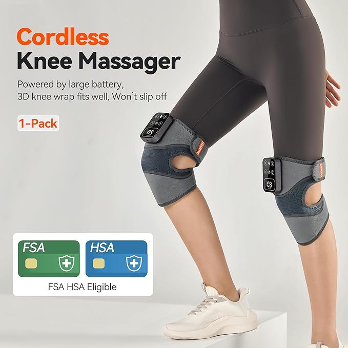 Cordless Knee Massager with Heat Vibration for Pain Relief, MAXwarm 4.0[2025 Upgraded] - Electric Heated Knee Brace with 5 Heat Levels and 3 Massage Mode, Gifts for Men Women (Grey, Single)
