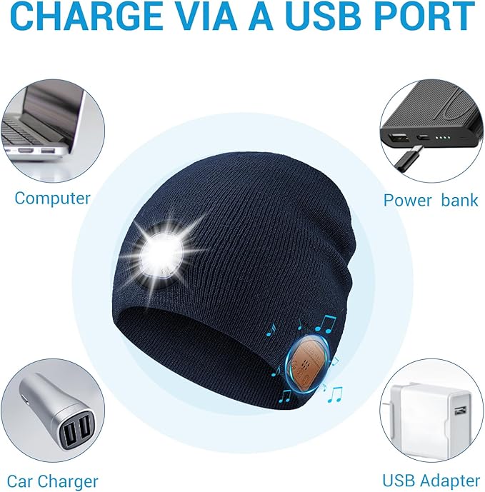 Bluetooth Beanie with Light, HD Stereo Sound, USB Rechargeable Headlamp for Hiking Fishing, Gift for Men Women Teen