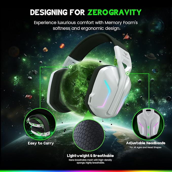 Wireless Gaming Headset for Xbox Series X|S, Xbox One, PS5, PS4, PC, Mac, Switch, 2.4GHz + Bluetooth Over-Ear Gaming Headphones with ENC Mic, 3D Stereo, Dynamic LED Lights, 50mm Drivers, 50H