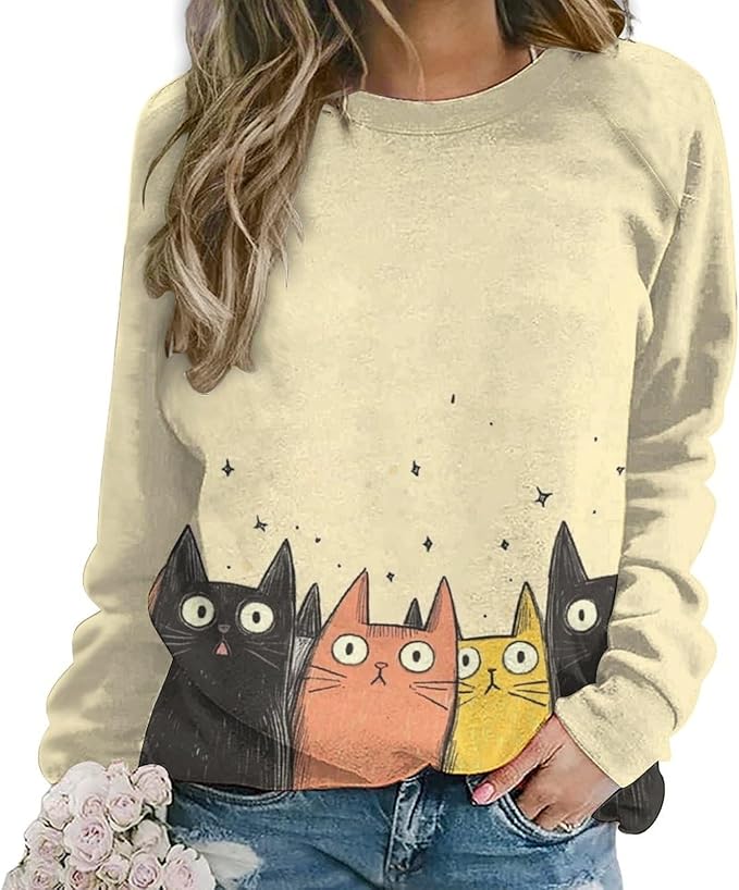 Fall Sweaters for Women 2024 Cat Print Long Sleeve Casual Crewneck Warm Fall Pullover Comfy Fashion Sweatshirts