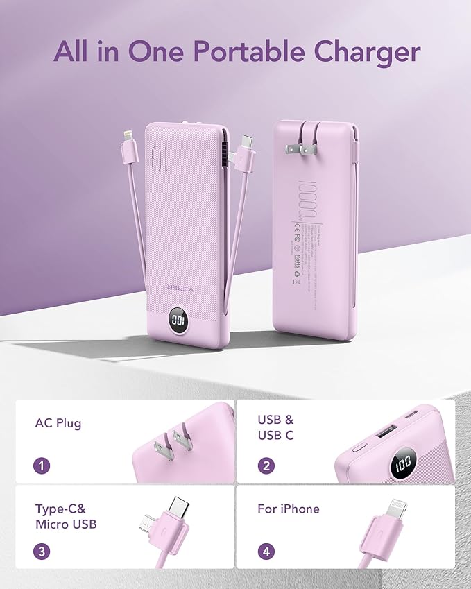 VEGER Portable Charger for iPhone Built in Cables and Wall Plug, 10000mah Slim Fast Charging USB C Power Bank, Travel Essential Battery Pack Compatible with iPhones, iPad, Samsung More Devices(Purple)