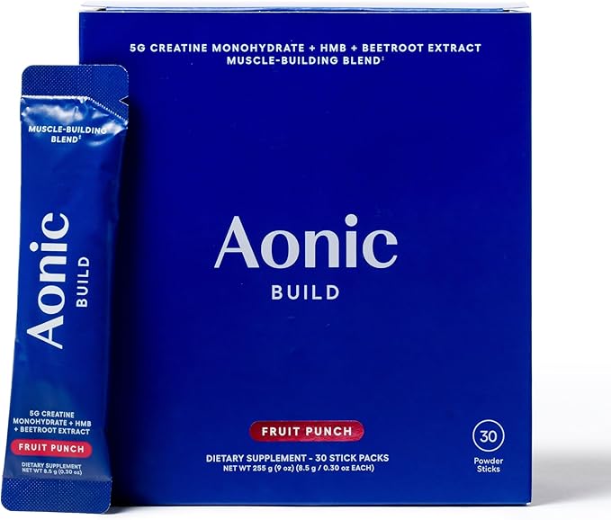 AONIC Build | 3-in-1 Creatine, HMBPro™ & Beetroot Formula | Vegan, Non-GMO Pre/Post-Workout Drink Mix – Fruit Punch (30 Sticks)