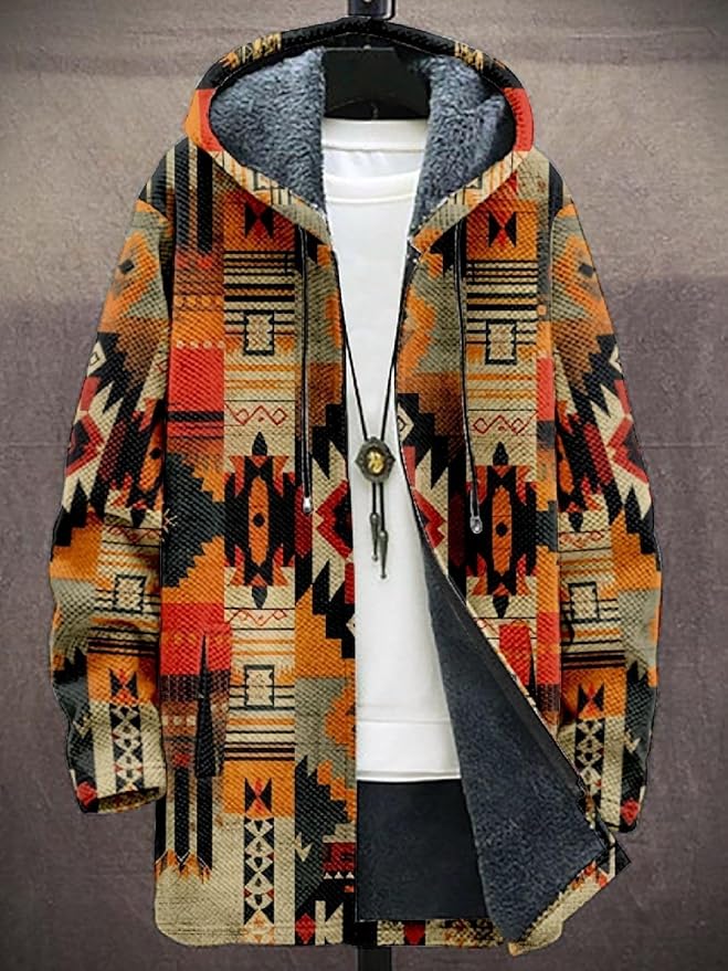 2025 Men's Ethnic Pattern Hooded Jacket Long Cardigan Hoodies Full Zip Vintage Knitted Zipper Coat with Pocket