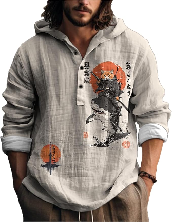 MARSVOVO Mens Japanese Art Long Sleeve Hooded Shirts Lightweight Quarter Button Hoodie Casual Cool Tops for Spring Fall