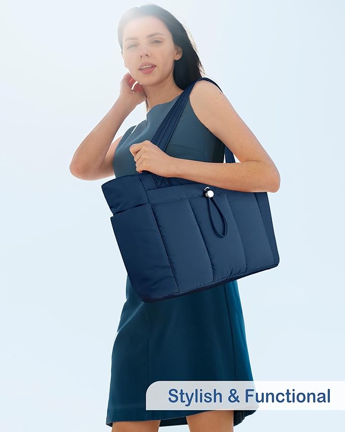 TOPDesign Puffy Tote Bag for Women with Cup Holder & Laptop Compartment & Cosmetic Bag & Trolley Sleeve for Work, Travel