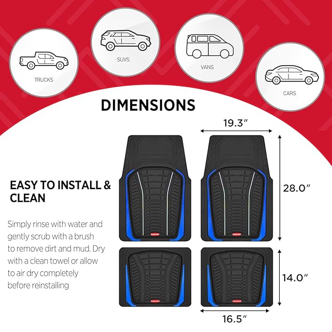 Rubbermaid Car Floor Mats Full Set – Premium All-Weather Car Mat with Brushed Aluminum Inserts, Universal Trim-to-Fit Design, Anti-Slip Backing for Cars, SUVs, Trucks, and Vans