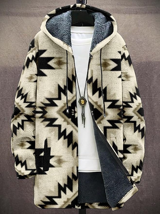 2025 Men's Ethnic Pattern Hooded Jacket Long Cardigan Hoodies Full Zip Vintage Knitted Zipper Coat with Pocket