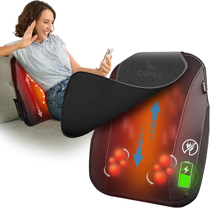 Cordless Back Massager for Pain Relief Deep Tissue, Up and Down Rolling Back Massage with Heat, Portable Shiatsu Lower Back Massage for Home Office