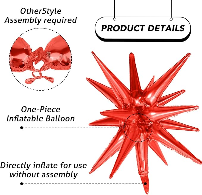 6PCS Black Red Star Balloons, 22Inch Large Star Balloon Explosion Foil Balloons Cone Spike Balloon for Birthday Graduation Festival Film Casino New Year Party Decorations