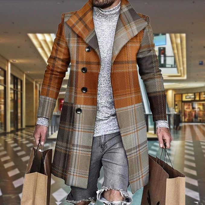 Men's Plaid Long Trench Coat Mid - Length Lapel Collar Button Down Warm Overcoat for Winter & Autumn Fashion