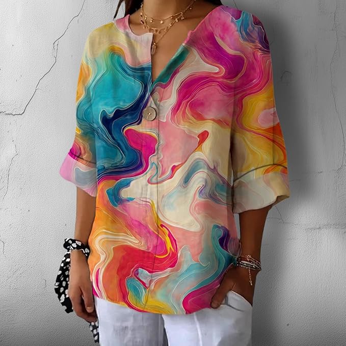 Fashion Shirts for Women Loose Fit Button Down V Neck Blouse 3/4 Sleeves Casual Tunic Tops Summer Outfits
