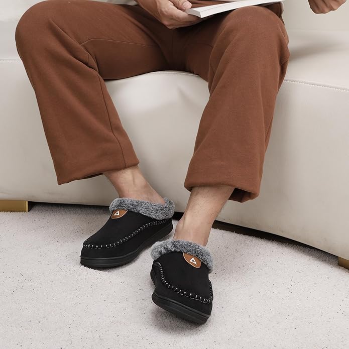 ATHMILE Mens Slippers Warm Moccasin Memory Foam House Shoes Indoor Outdoor Fuzzy Plush Lined Slippers for Home Bedroom