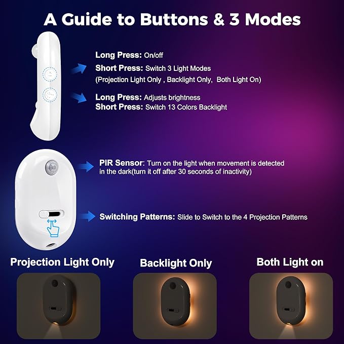 Toilet Night Light Motion Sensor, Motion Activated Night Light 13 Color Changing 4 Projection Patterns, Rechargeable Toilet Bowl Light for Bathroom Accessories Decor Men Women Kid Gifts,Hallway Stairs