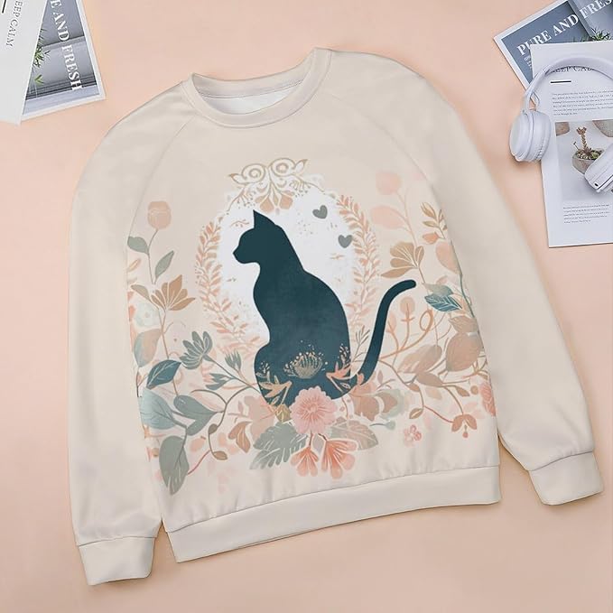 Sweatshirt for Women Cat Print Fashion Funny Plus Size Ladies Dressy Crewneck Casual Trendy Tee Shirts