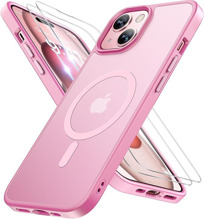 Miracase Magnetic for iPhone 15 Case (Compatible with MagSafe)（with 2X Screen Protectors） Military-Grade Protection, Anti-Fingerprint Translucent Matte Phone Cover for iPhone 15 6.1 inch, Mes Pink