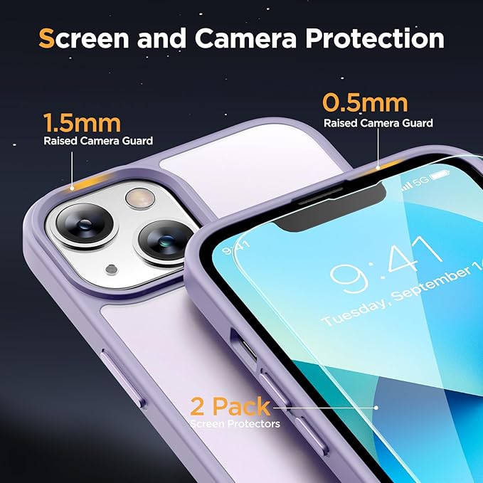 Miracase Magnetic for iPhone 13 Case 6.1 inch (Compatible with MagSafe)（with 2X Screen Protectors） Military-Grade Protection, Anti-Fingerprint Translucent Matte Phone Case Cover, Light Purple