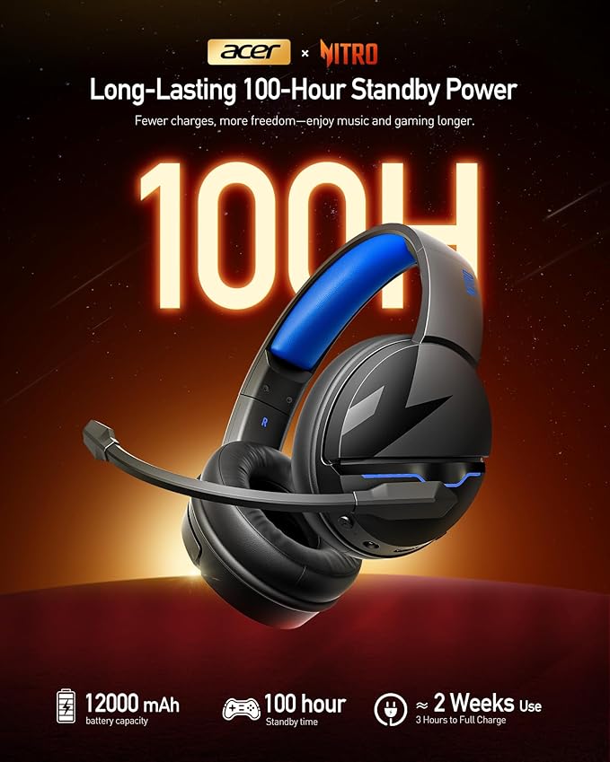 Acer 2.4GHz Flex Wireless Gaming Headset | Non-Stop 100H Battery | Dynamic 50mm Drivers | Clear Voice Mic | Bluetooth5.3, 3.5mm | Gaming Headphones for PC, PS4, PS5