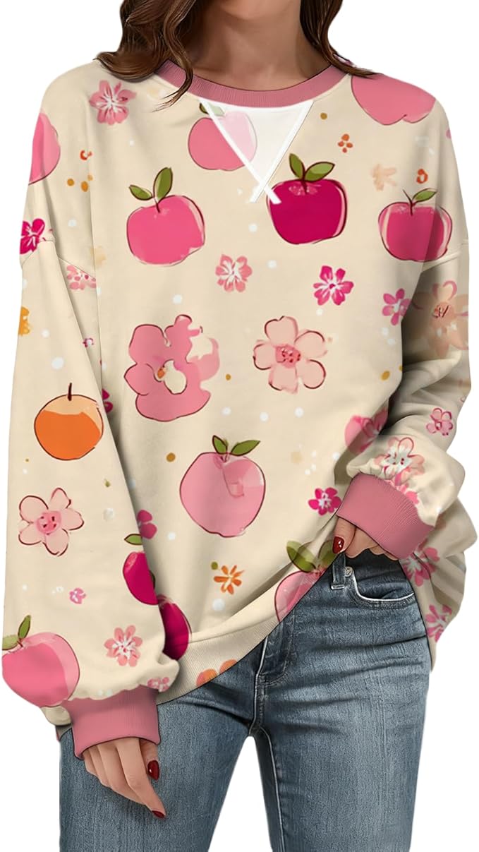 Womens Sweatshirts Fahsion Floral Print Long Sleeve Comfy Fall Tops Oversized Casual Crewneck Pullover Shirts