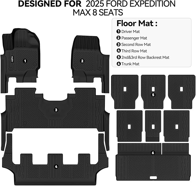 Floor Mats for 2025 Ford Expedition Max 8 Seats(2 Row Bench Seat), Trunk Mat and Backrest Mat All Weather TPE Protector for Ford Expedition Accessories