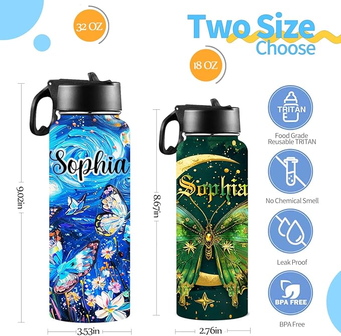 M YESCUSTOM Personalized Water Bottles for Kids with Straw Lid Custom Butterfly Water Bottle for School Customized Name Stainless Steel Double Wall Insulated Cup Birthday Gifts for Boy Girl Style12